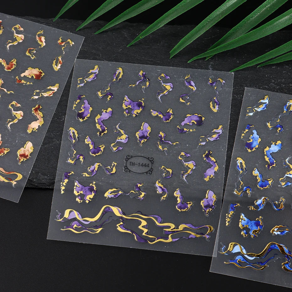 Holographic Purple & Blue Nail Art Stickers – Gold Ink Decals for DIY Manicure