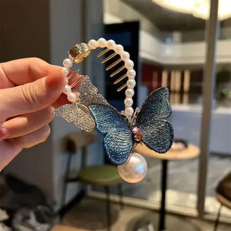 Elegant Butterfly Ponytail Hair Clip – Blue & Red Hairpin with Pearl Tassel for Women