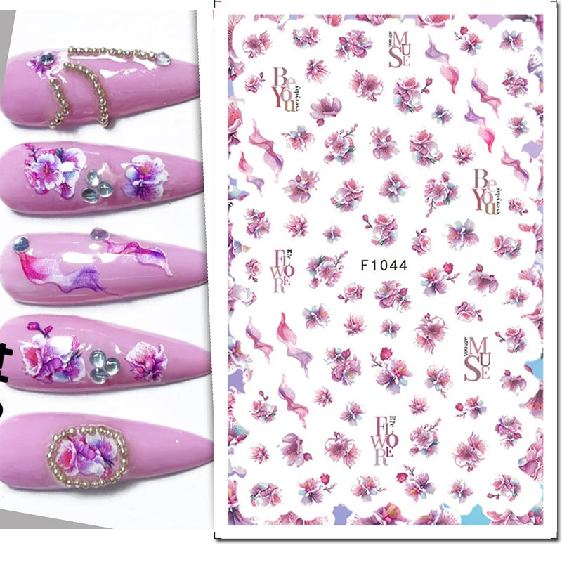 3D Butterfly & Flower Nail Art Stickers – Blue & Purple Decals for Manicure