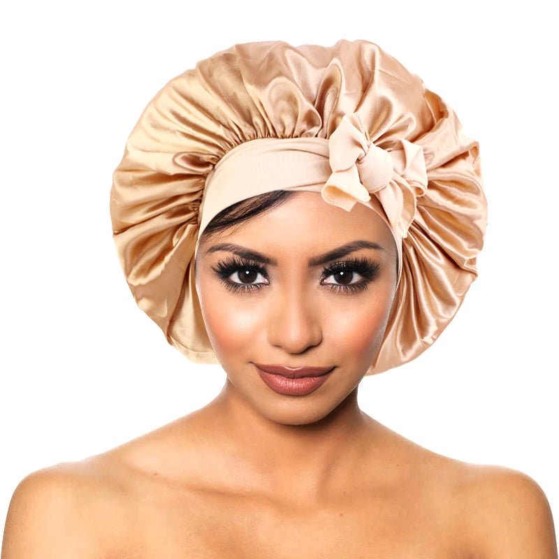New Women’s Satin Sleeping Bonnet with Tie Bands – Adjustable Silky Cap for Curly Hair & Shower Use