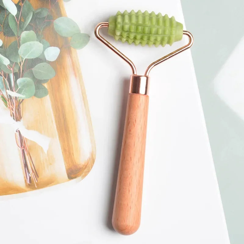Xiuyan Jade Facial Massage Roller – Wooden Handle Barbed Stick