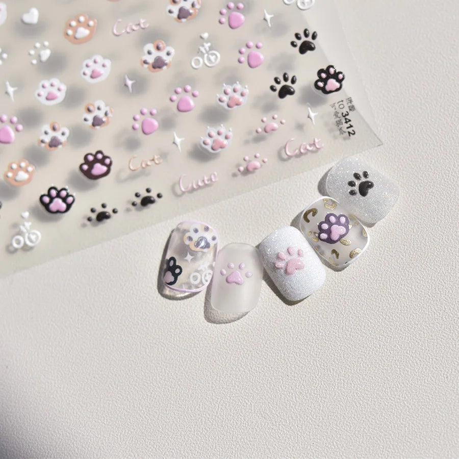 5D Jelly Cat Paw Nail Stickers – Pink Cartoon 3D Manicure Decals