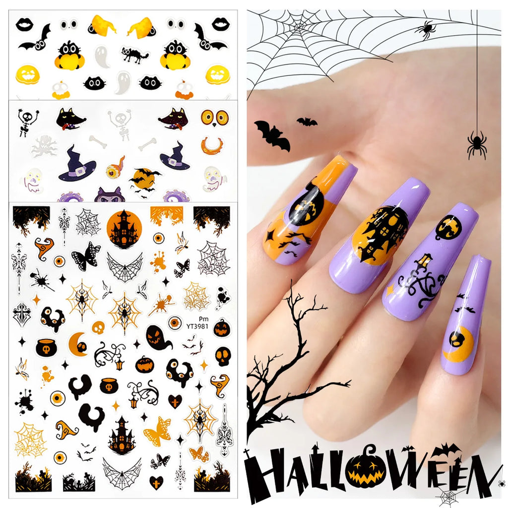 3pcs Halloween Nail Stickers – Pumpkin & Bat 3D Decals