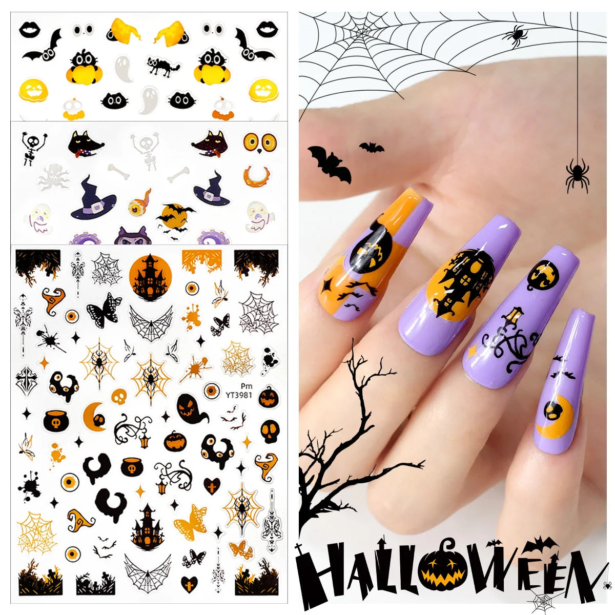 3pcs Halloween Nail Stickers – Pumpkin & Bat 3D Decals