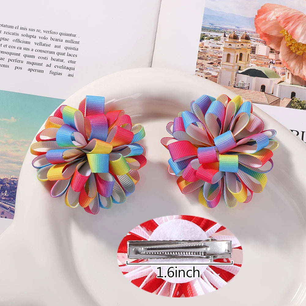 2Pcs Double Color Ribbon Flower Hairpins – Handmade Princess Hair Clips & Barrettes for Girls