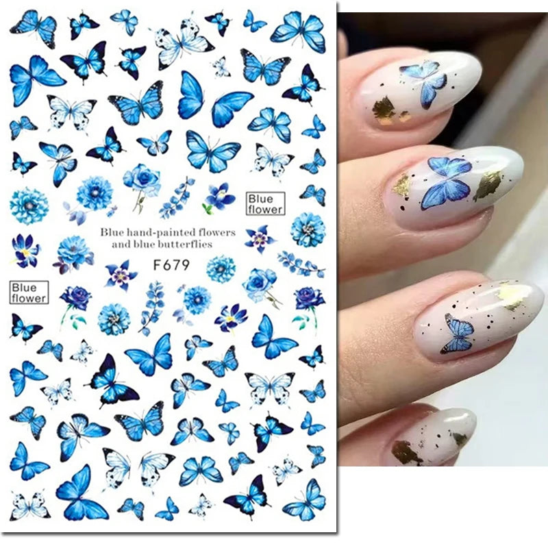 3D Butterfly & Flower Nail Art Stickers – Blue & Purple Decals for Manicure