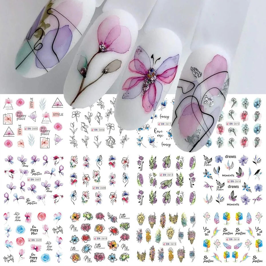 12pcs Floral Nail Sticker Set – Spring & Summer Water Decals