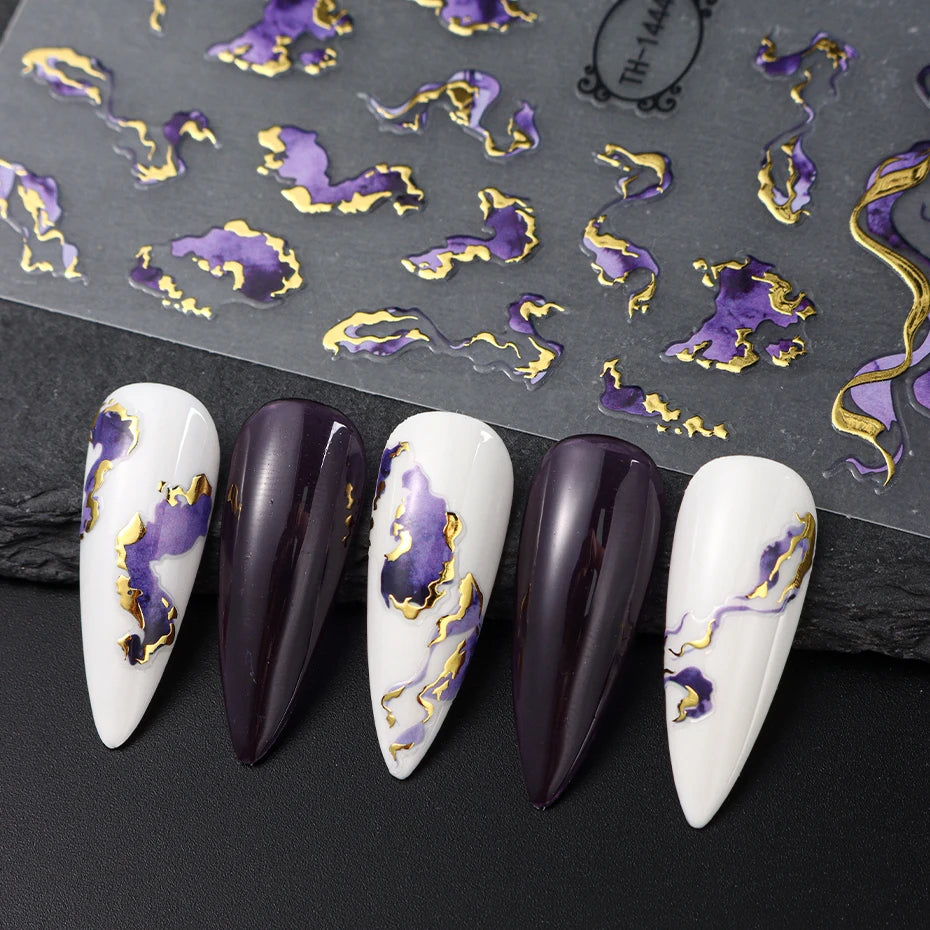 Holographic Purple & Blue Nail Art Stickers – Gold Ink Decals for DIY Manicure