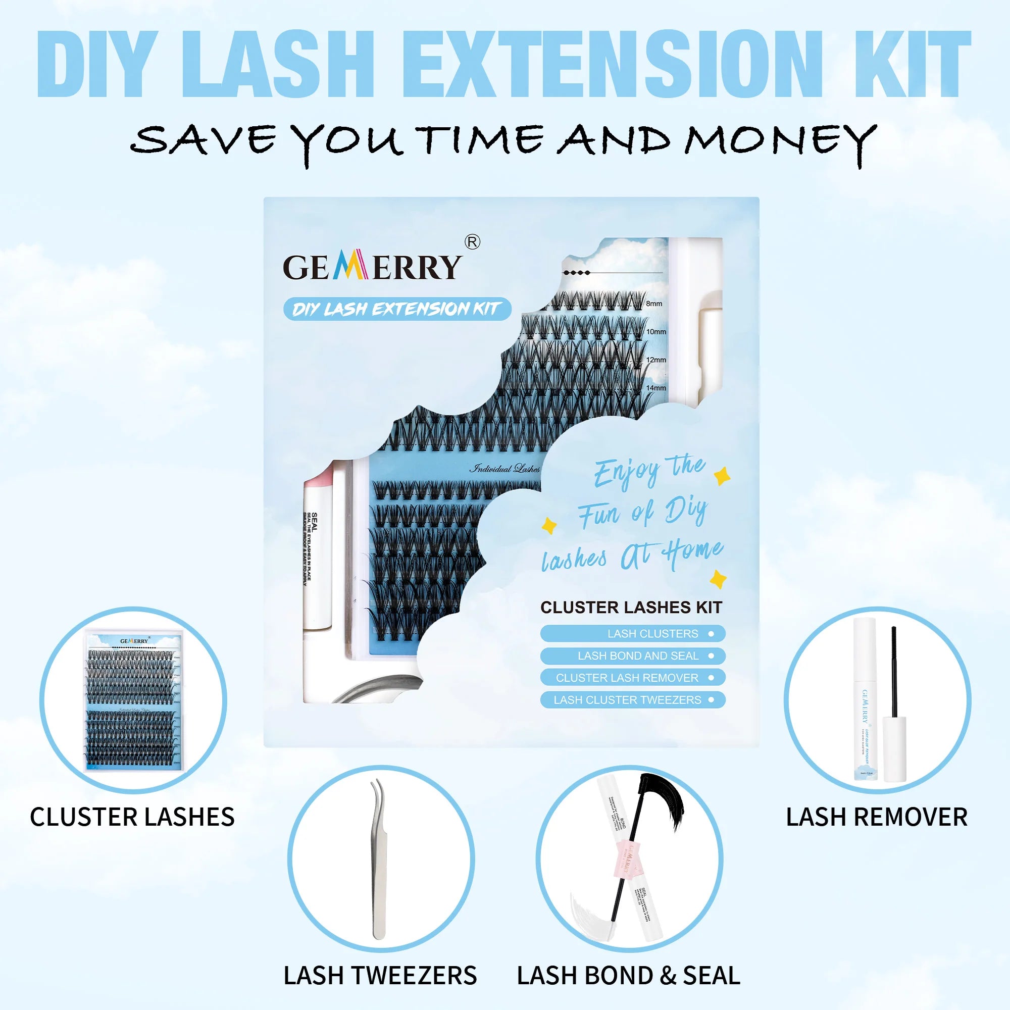 DIY Lash Extension Kit – 280 Clusters with Bond, Seal, Remover & Tweezers (40/50 Pack)