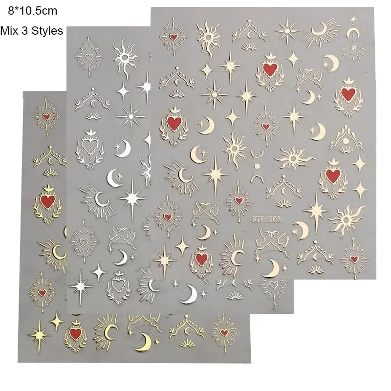 3-Pack 3D Nail Stickers – Gold, Silver & Rose Gold Laser Moon & Butterfly Decals