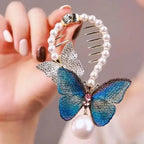 Elegant Butterfly Ponytail Hair Clip – Blue & Red Hairpin with Pearl Tassel for Women
