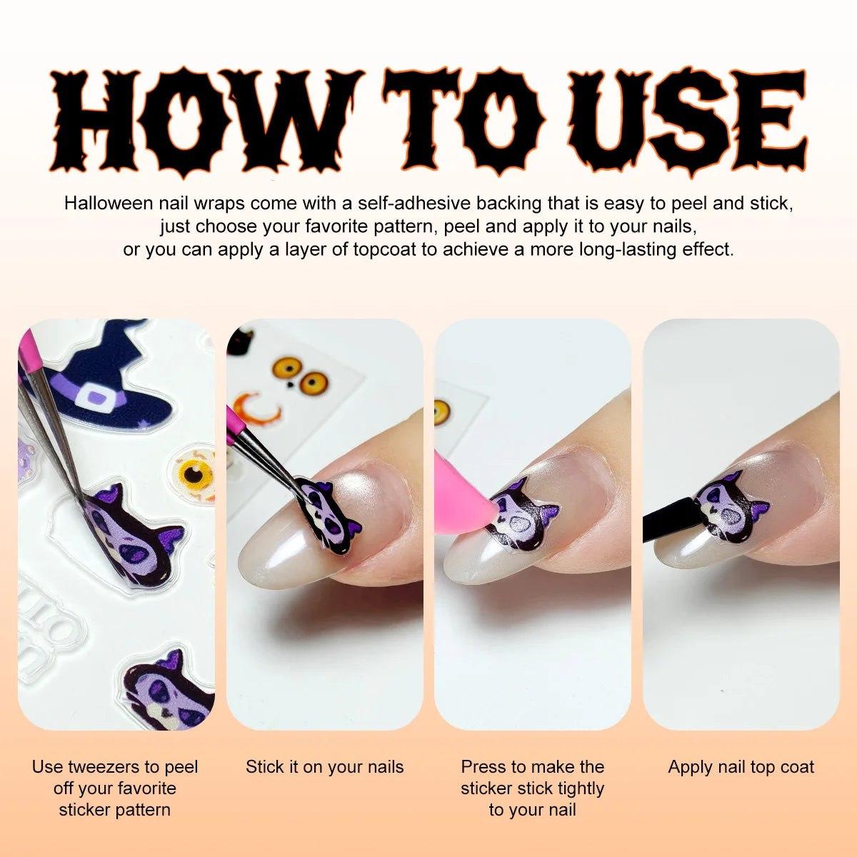 3pcs Halloween Nail Stickers – Pumpkin & Bat 3D Decals