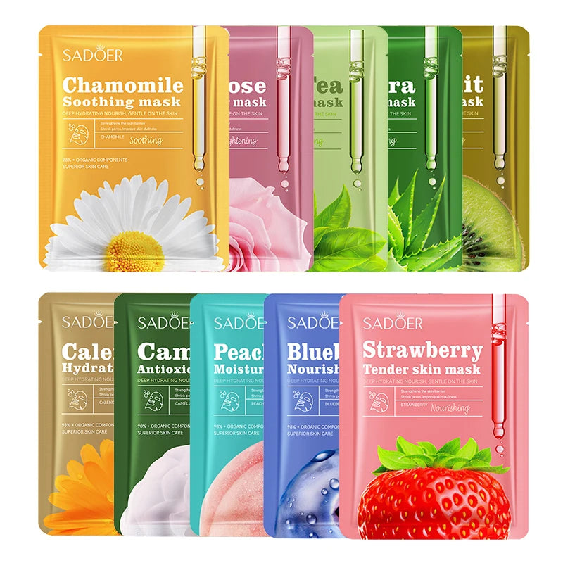 SADOER 10pcs Fruit & Floral Hydrating Face Masks – Chamomile & Blueberry