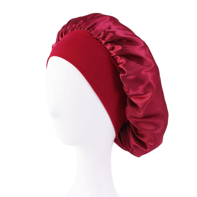 New Women’s Satin Solid Wide-Brimmed Sleeping Hat – Unisex Elastic Head Wrap Bonnet for Hair Care
