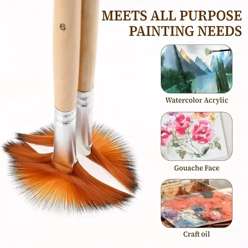 5pcs Fan Paint Brush Set – Nylon Hair Acrylic & Oil Painting Brushes with Short Wooden Handles