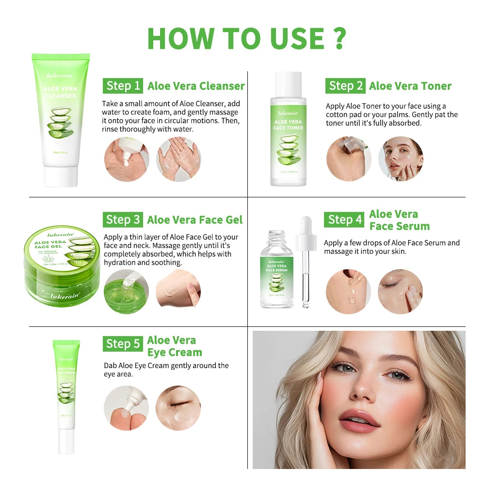 Aloe Vera Skin Care Set – Cleanser, Toner, Serum & Lip Balm (6 pcs) | Deep Hydration & Smooth Skin