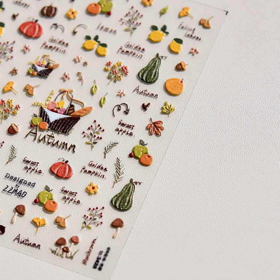Autumn Maple & Ginkgo 5D Nail Art Stickers – Pumpkins, Ladybugs & Mushrooms