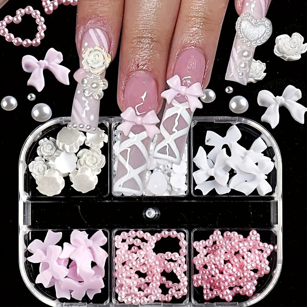 Kawaii 3D Mini Bow Nail Art Charms – Pink & White Pearl Resin Decorations