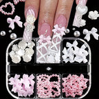 Kawaii 3D Mini Bow Nail Art Charms – Pink & White Pearl Resin Decorations