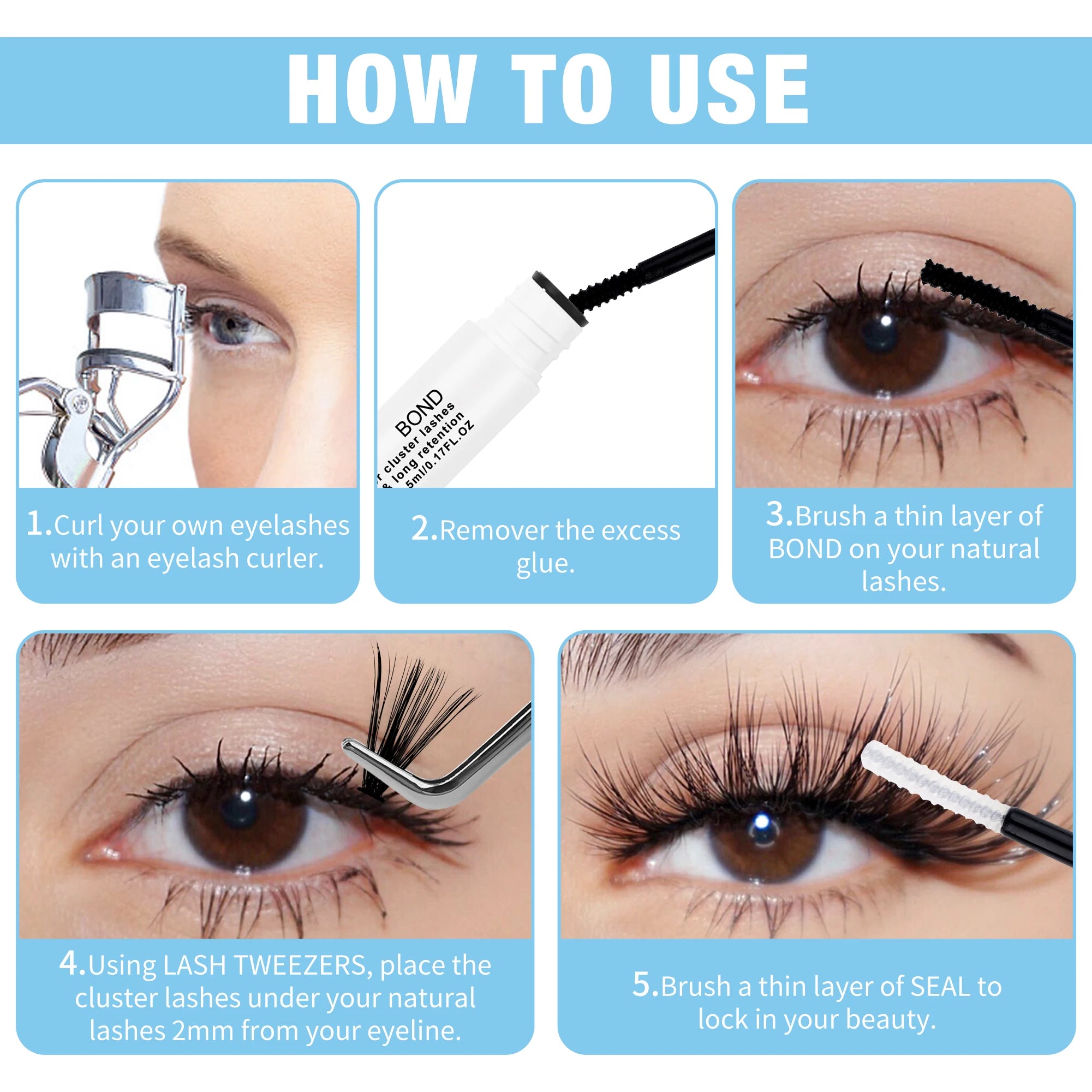DIY Lash Extension Kit – 280 Clusters with Bond, Seal, Remover & Tweezers (40/50 Pack)
