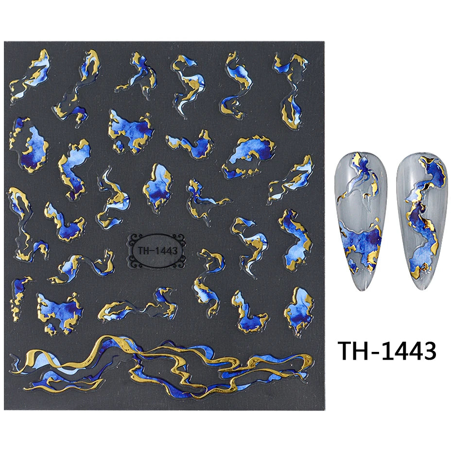 Holographic Purple & Blue Nail Art Stickers – Gold Ink Decals for DIY Manicure