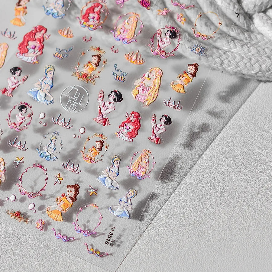 5D Princess Nail Stickers – Colorful Fairy Tale Embossed Decals