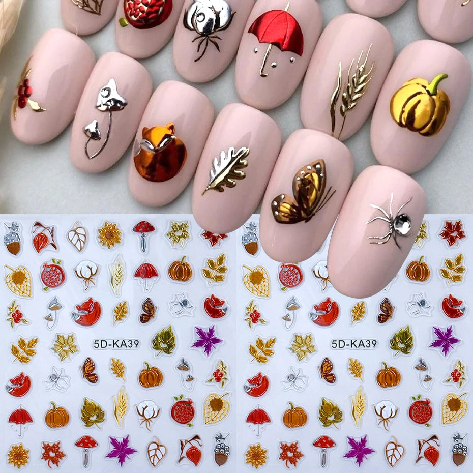 5D Metallic Autumn Nail Stickers – Leaves, Pumpkin & Fox Decals