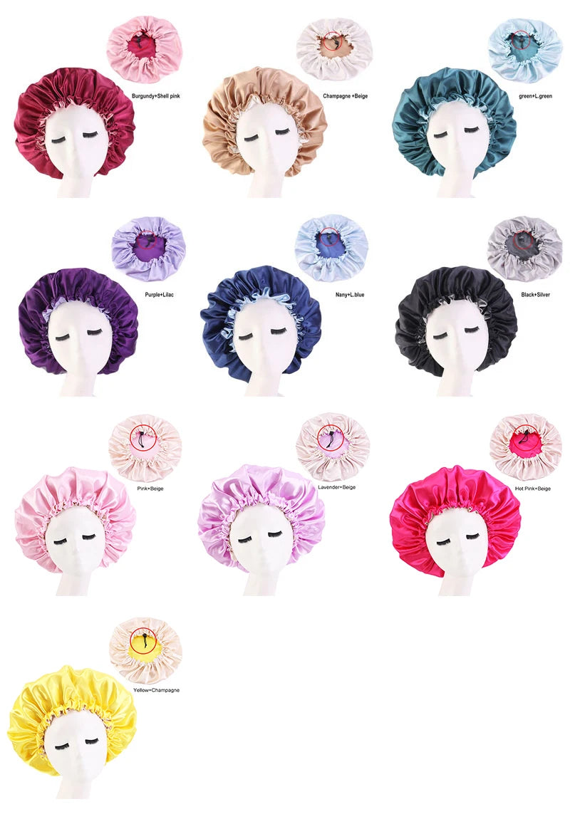 New Women’s Reversible Double Layer Satin Bonnet for Curly Hair – Adjustable Elastic Sleep Cap Night Haircare Hat