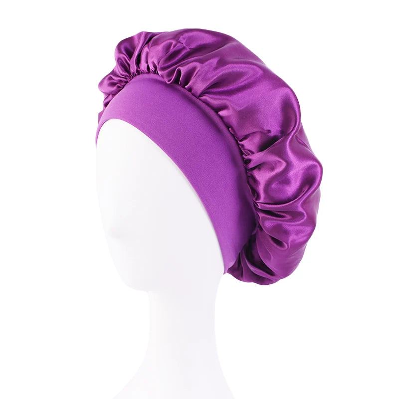 New Women’s Satin Solid Wide-Brimmed Sleeping Hat – Unisex Elastic Head Wrap Bonnet for Hair Care