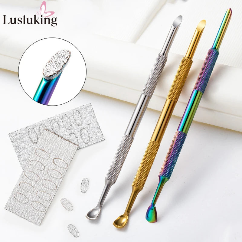 Stainless Steel Horseshoe Cuticle Pusher – Manicure Tool with Self-Adhesive Sandpaper for Gel Polish Removal