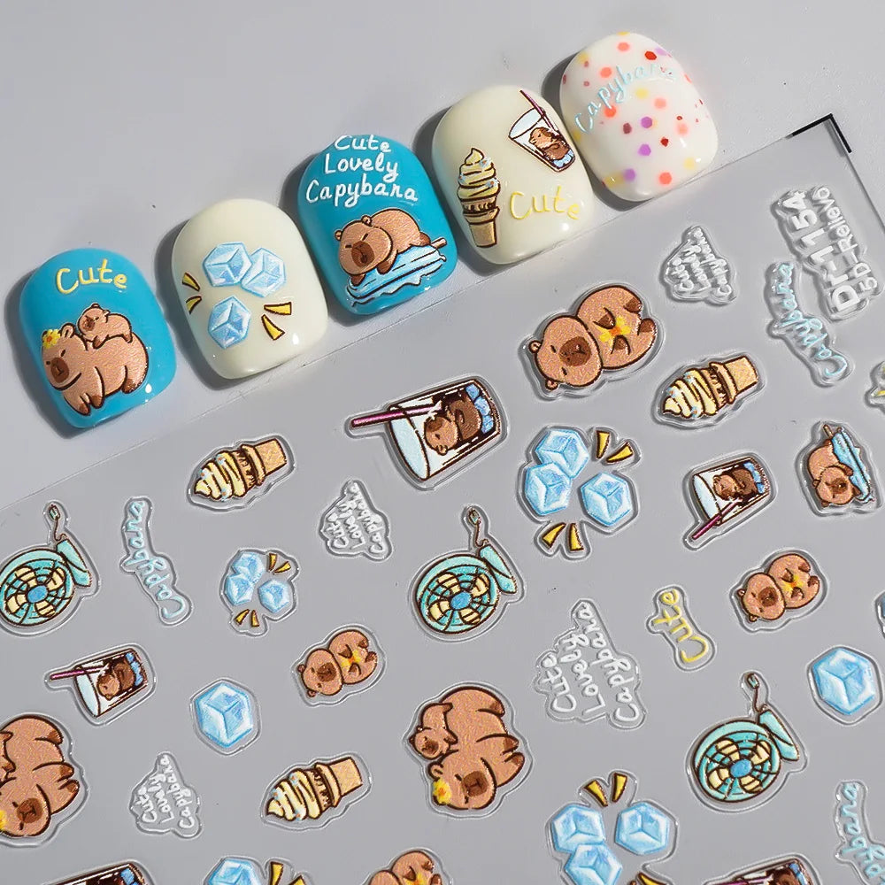 Kawaii Capybara & Spotted Puppy Nail Art Stickers – DIY Manicure Decals