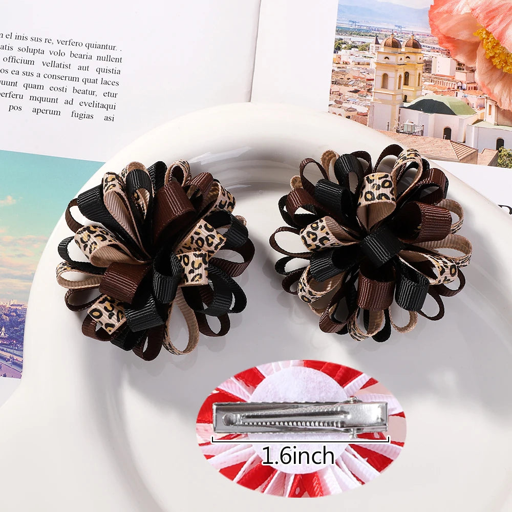 2Pcs Double Color Ribbon Flower Hairpins – Handmade Princess Hair Clips & Barrettes for Girls