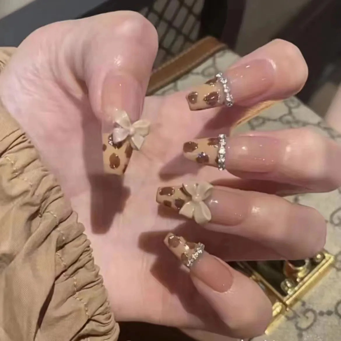 24Pc Leopard Chain Ballerina Press-On False Nails – Full Cover Reusable Tips