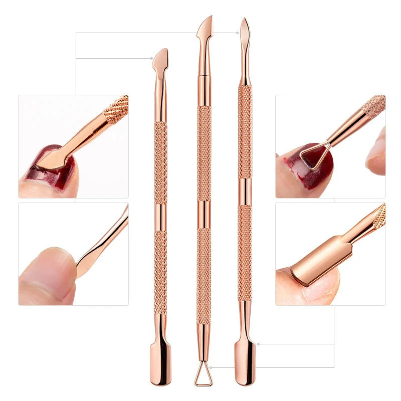 1/3pcs Double-Ended Stainless Steel Cuticle Pusher Set – Dead Skin Remover & Cuticle Scissors, 4pcs Rose Gold Manicure Tools
