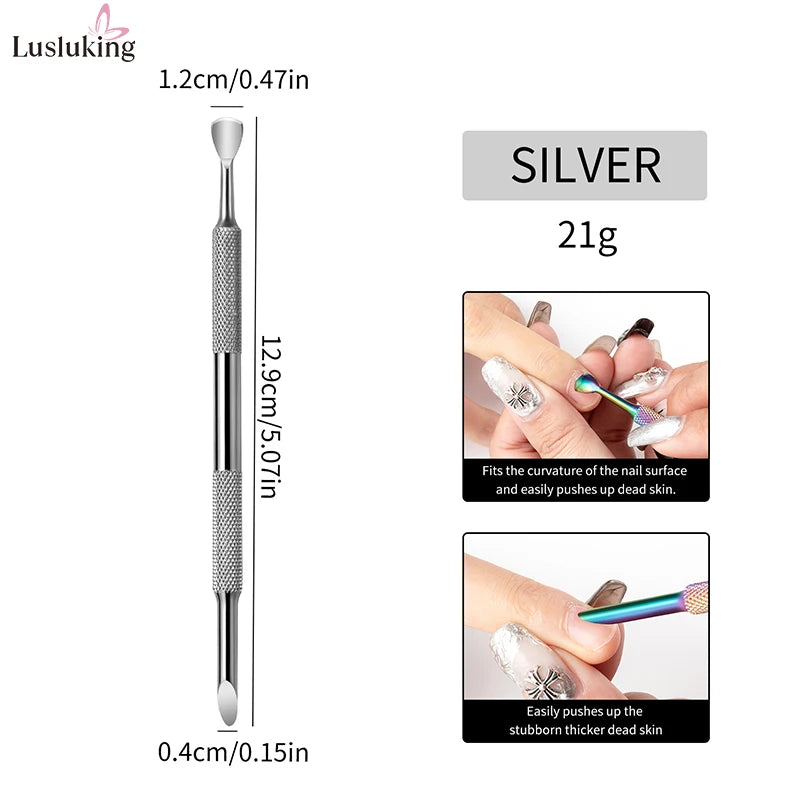Stainless Steel Horseshoe Cuticle Pusher – Manicure Tool with Self-Adhesive Sandpaper for Gel Polish Removal