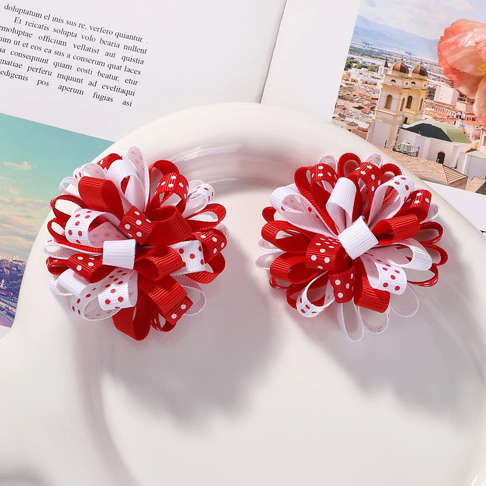 2Pcs Double Color Ribbon Flower Hairpins – Handmade Princess Hair Clips & Barrettes for Girls