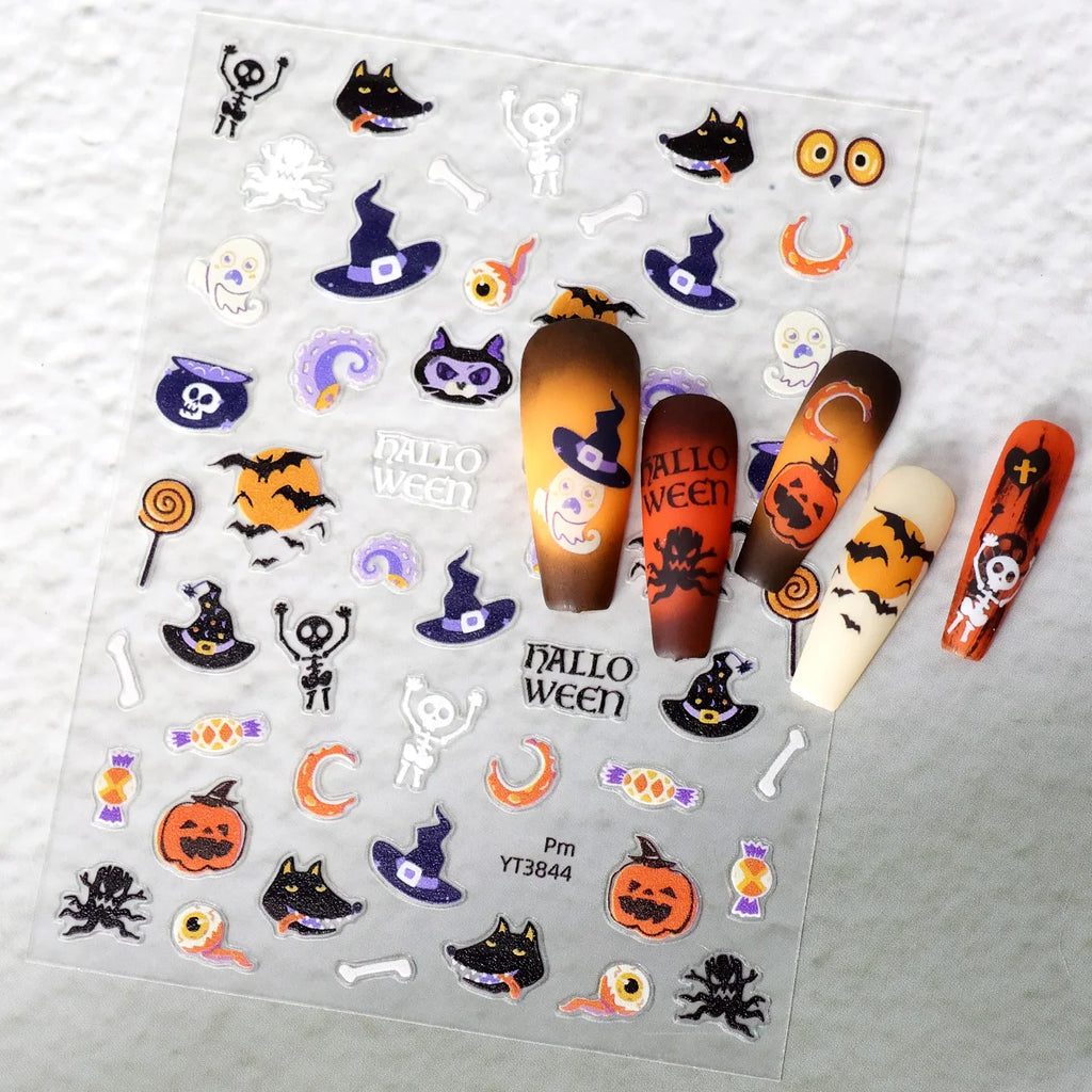 3pcs Halloween Nail Stickers – Pumpkin & Bat 3D Decals