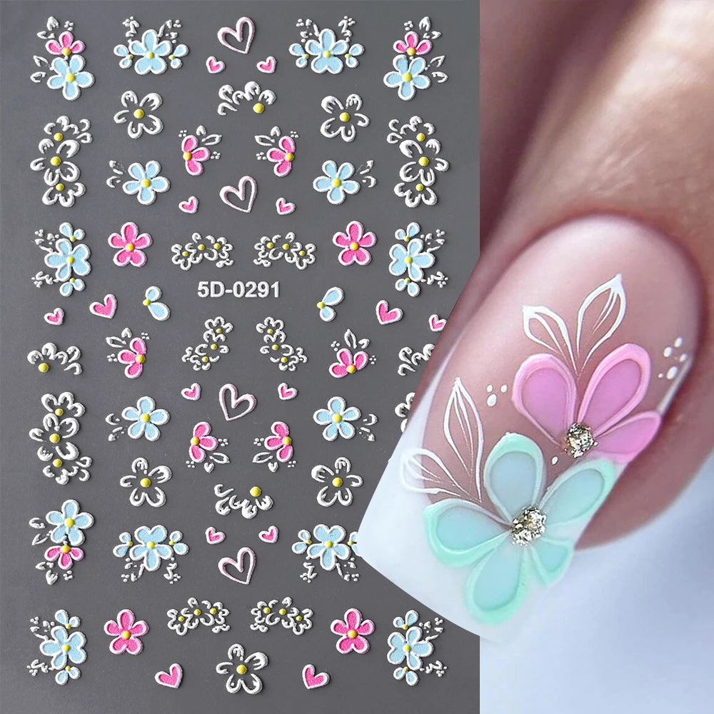 5D Spring Flower Nail Art Stickers – Colorful Daisy & Vine Decals for DIY Nails