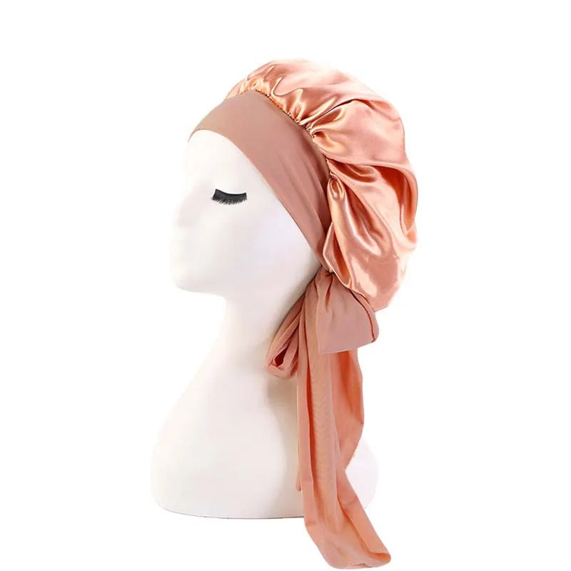 New Women’s Satin Sleeping Bonnet with Tie Bands – Adjustable Silky Cap for Curly Hair & Shower Use