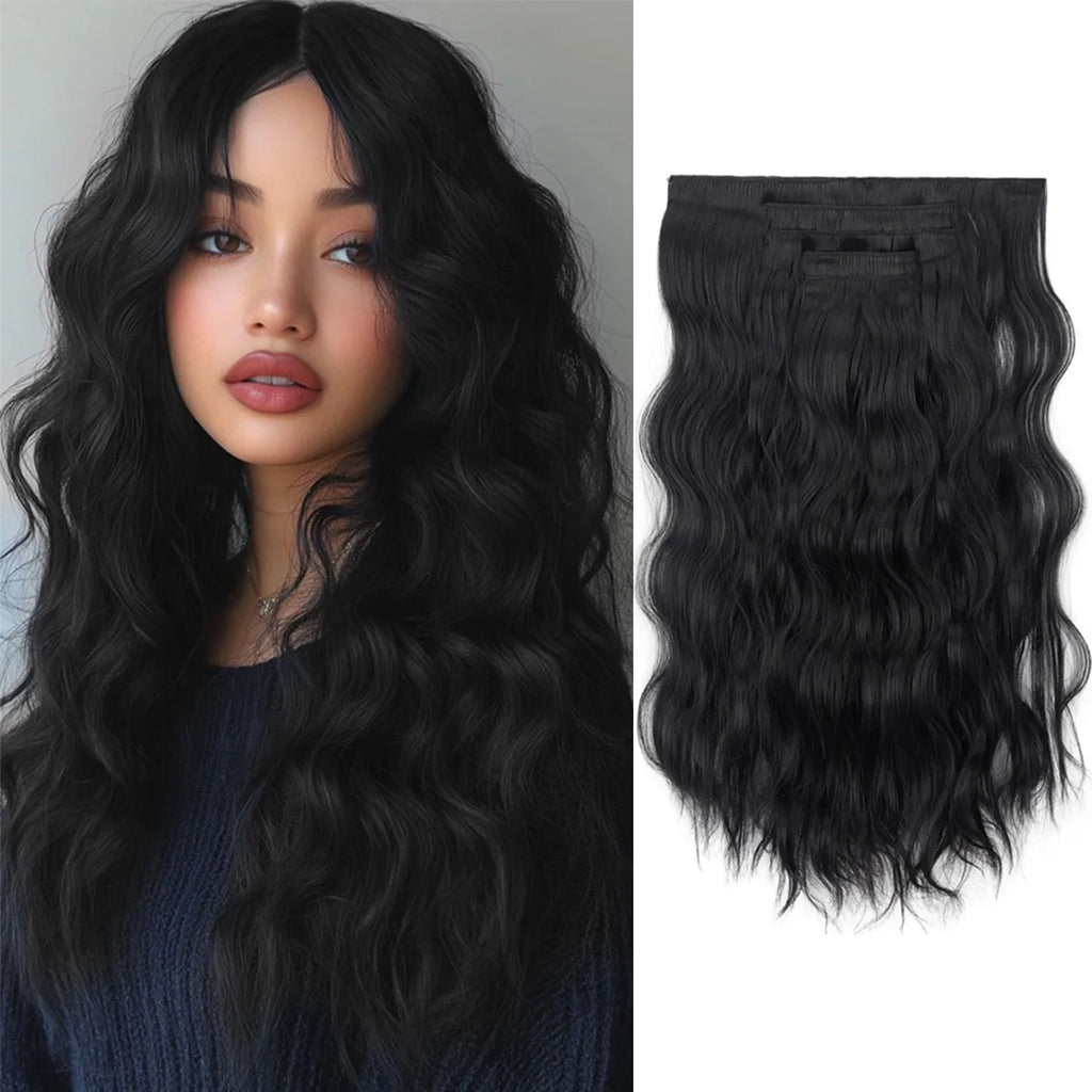 20" Curly Synthetic Hair Extensions – 5PCS Heat-Resistant Black Hairpieces