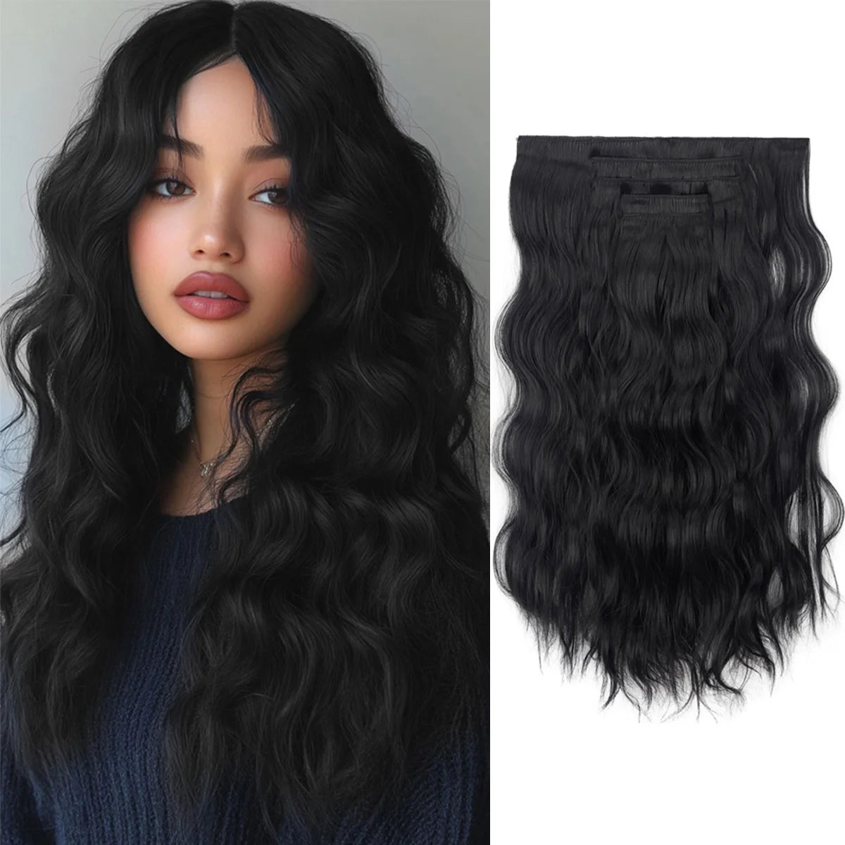 20" Curly Synthetic Hair Extensions – 5PCS Heat-Resistant Black Hairpieces