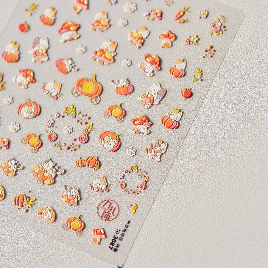 Autumn Maple & Ginkgo 5D Nail Art Stickers – Pumpkins, Ladybugs & Mushrooms