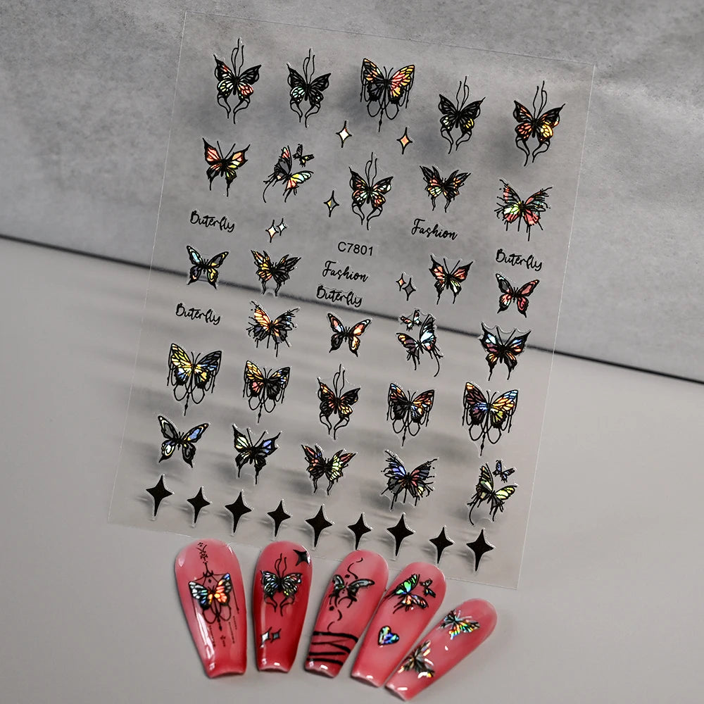 3D Aurora Shell Butterfly Nail Sticker – Pink & Purple, 8×10 cm