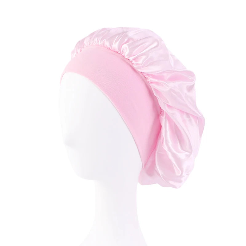 New Women’s Satin Solid Wide-Brimmed Sleeping Hat – Unisex Elastic Head Wrap Bonnet for Hair Care