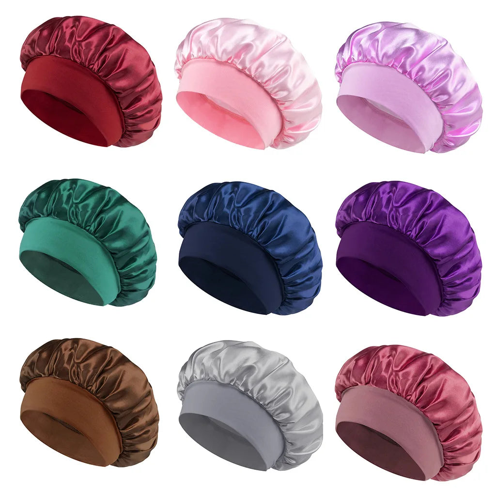 Adjustable Solid Satin Bonnet – Long Hair Care Sleep Hat for Women, Silk Head Wrap & Shower Cap