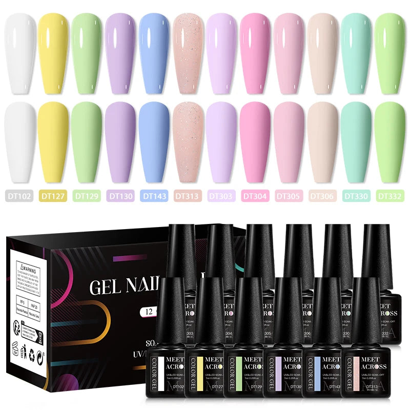 MEET ACROSS 12pcs Macaron Gel Nail Polish Set – UV Soak Off Manicure Kit