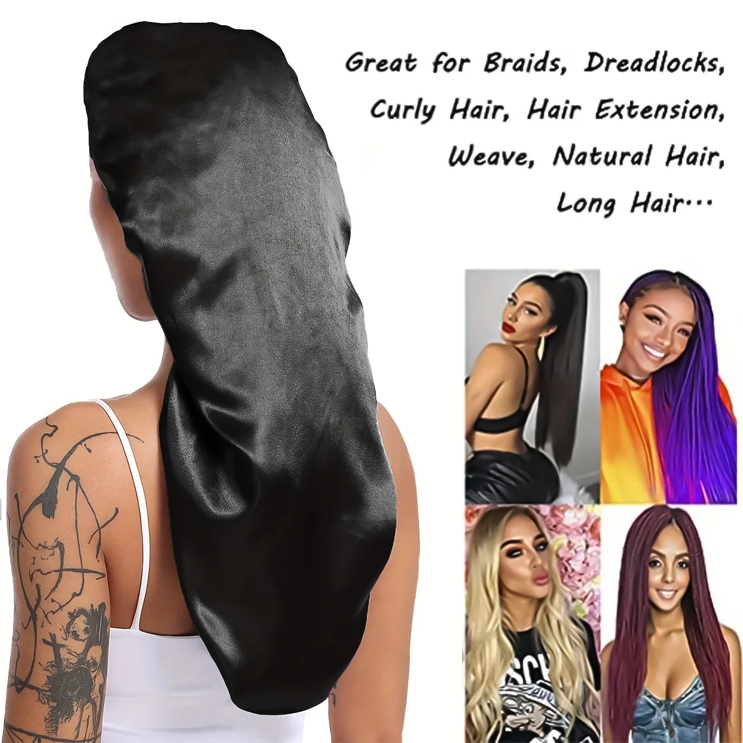 1pc Extra Large Silky Satin Sleep Bonnet for Straight Curly Hair, Dreadlocks, and Braids – Long Night Sleeping Cap
