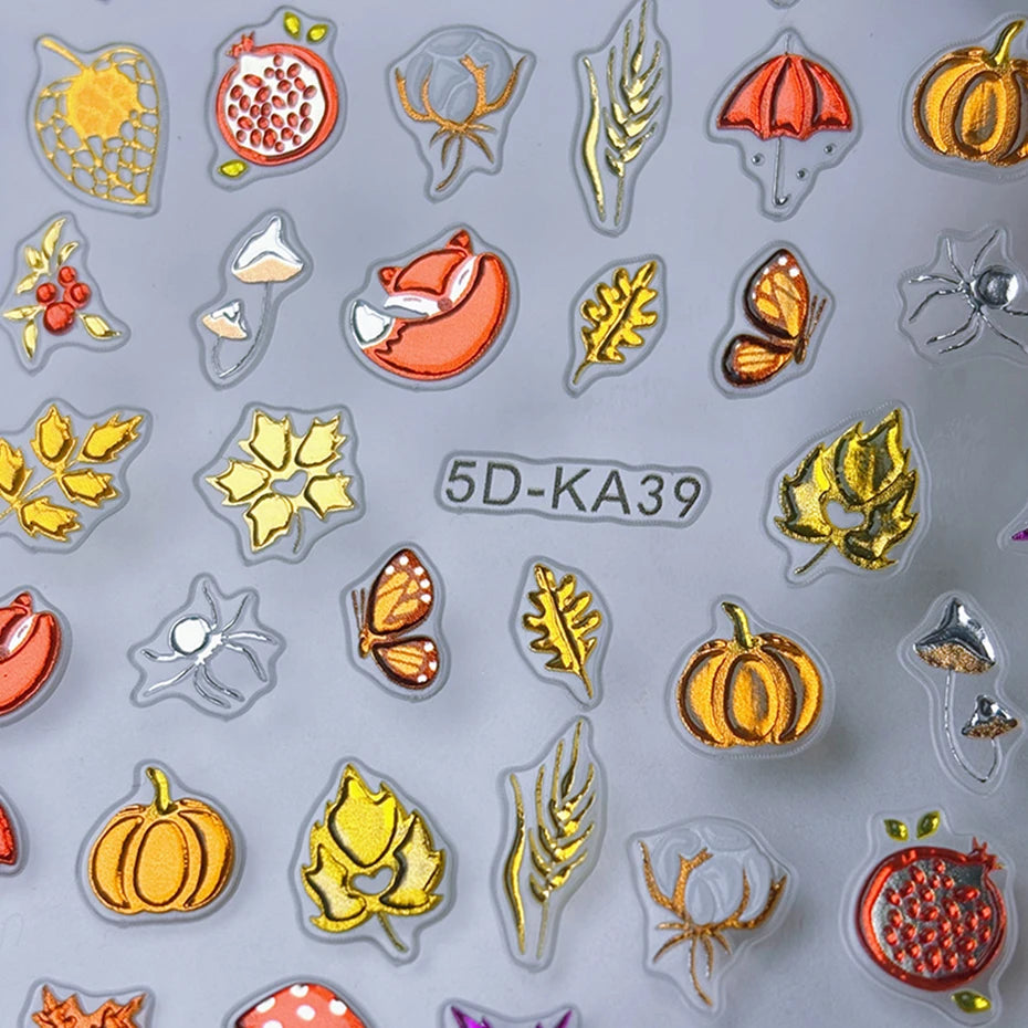 5D Metallic Autumn Nail Stickers – Leaves, Pumpkin & Fox Decals