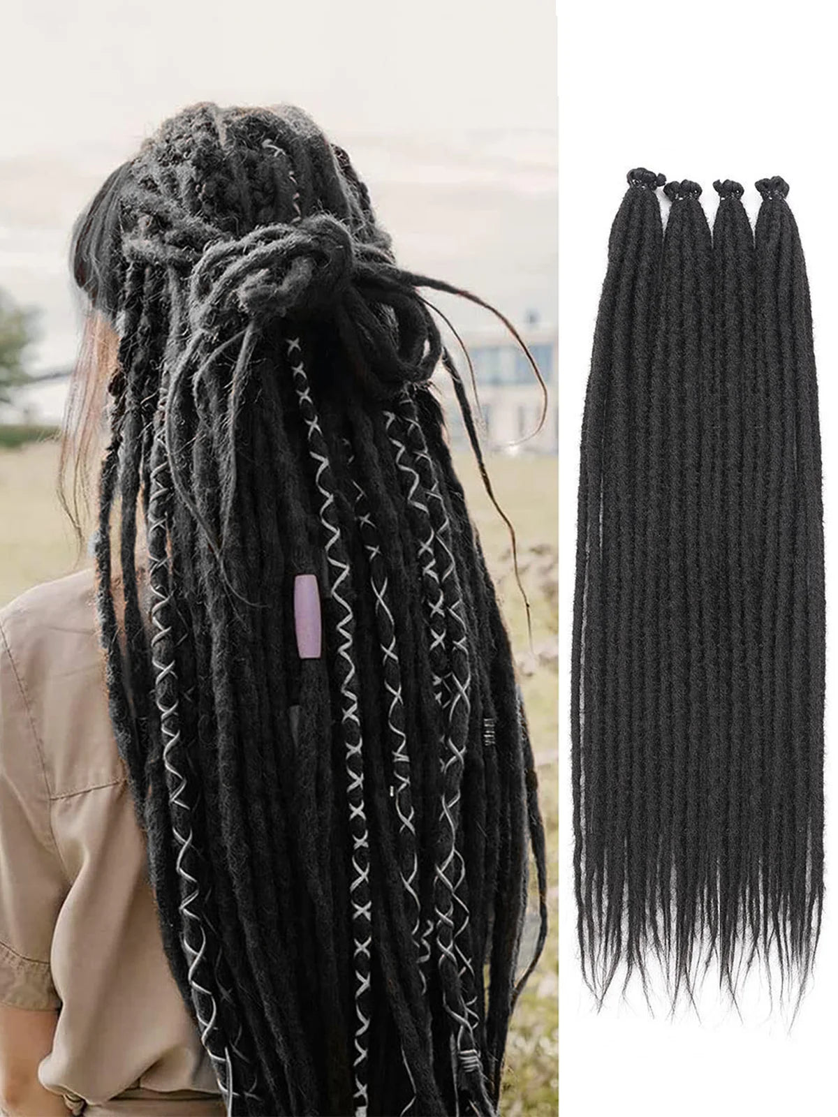 24" Straight Dreadlock Clip-In Extensions – 10 Strands Soft Synthetic Hair