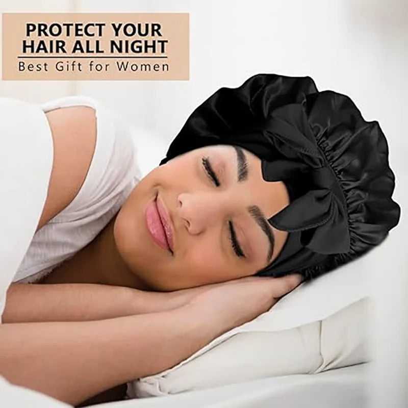 New Women’s Satin Sleeping Bonnet with Tie Bands – Adjustable Silky Cap for Curly Hair & Shower Use